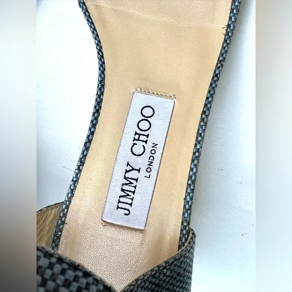 EUC JIMMY CHOO Mansy Raffia Ankle Wrap Wedge Sandal in Navy - 37, US 7