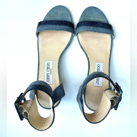 EUC JIMMY CHOO Mansy Raffia Ankle Wrap Wedge Sandal in Navy - 37, US 7