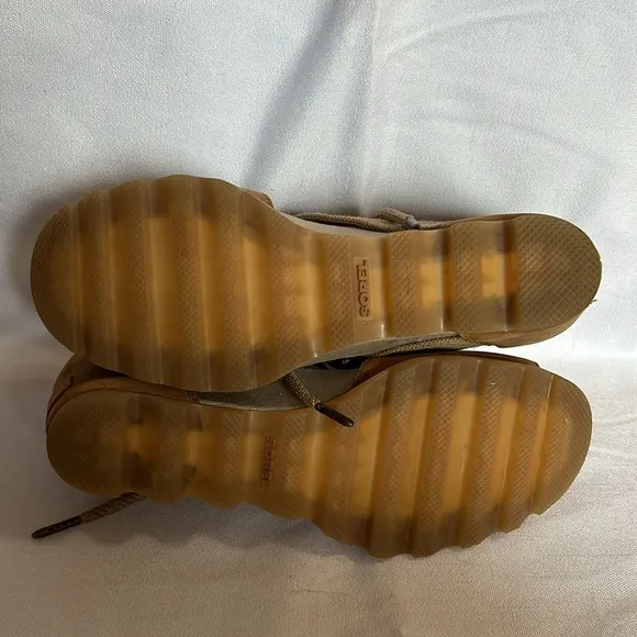 EUC Sorel Women Joanie Camel Brown Leather Lace Up Open Toe Wedge Sandals 12