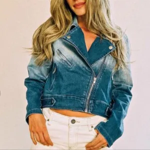 FATE by LFD Denim Jacket Blue Medium Wash Long Zipper Pocket Ombre Jean Jacket S