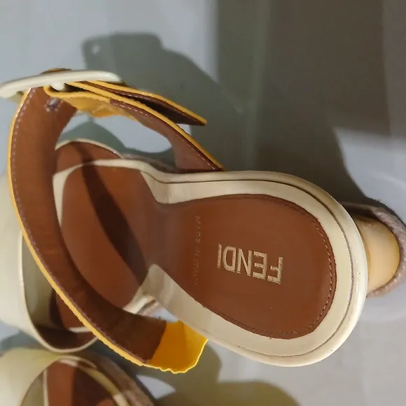 Fendi Women's Yellow and Cream Sandals with buckles size 38.5