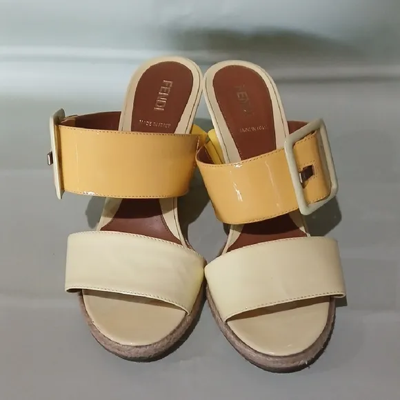 Fendi Women's Yellow and Cream Sandals with buckles size 38.5