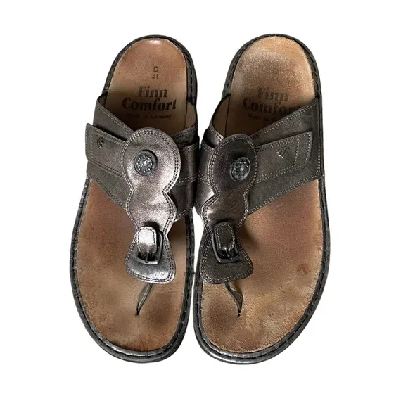 FINN COMFORT Germany Metallic Bronze Leather Velcro Strap Sandals 41