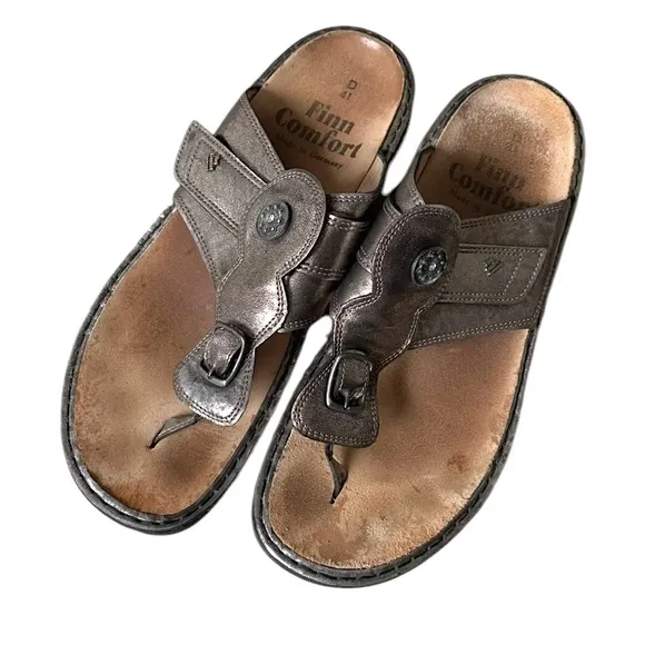 FINN COMFORT Germany Metallic Bronze Leather Velcro Strap Sandals 41