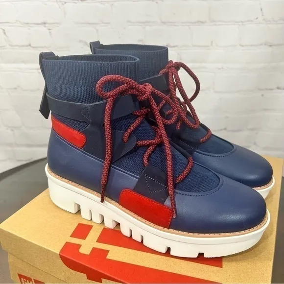 FIT FLOP GLACE KNIT ANKLE BOOTS in midnight blue size 7.