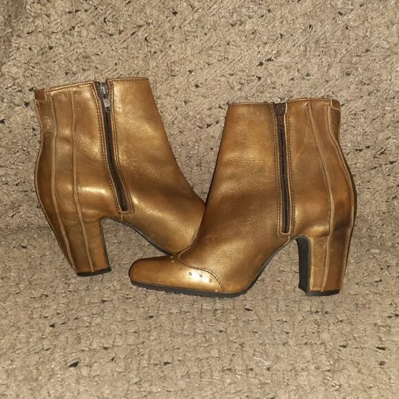 FLY LONDON-ALAR140FLy Calhariz-Metallic Bronze Leather Boots-Side Zip-Sz 37-EX