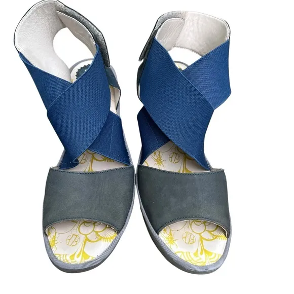Fly London Yuba Platform Wedge Sandals Blue Gray US 10 / 10.5