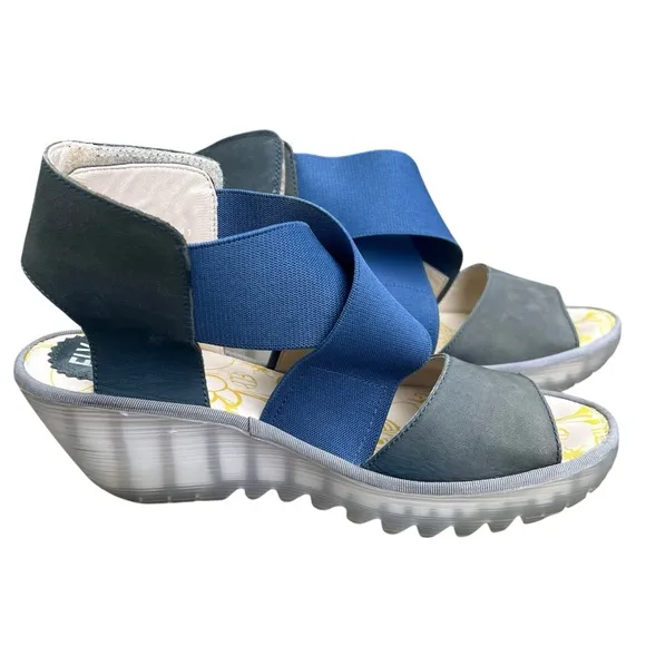 Fly London Yuba Platform Wedge Sandals Blue Gray US 10 / 10.5