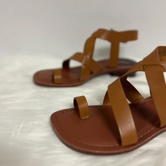 Franco Sarto Ina Toe Loop Ankle Strap Stacked Heel Sandals In Tan Leather