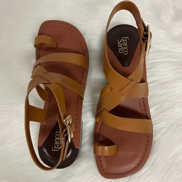 Franco Sarto Ina Toe Loop Ankle Strap Stacked Heel Sandals In Tan Leather