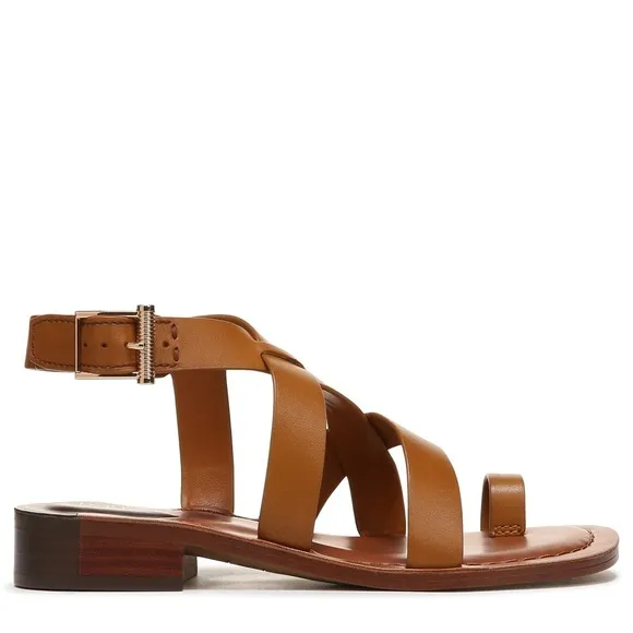 Franco Sarto Ina Toe Loop Ankle Strap Stacked Heel Sandals In Tan Leather