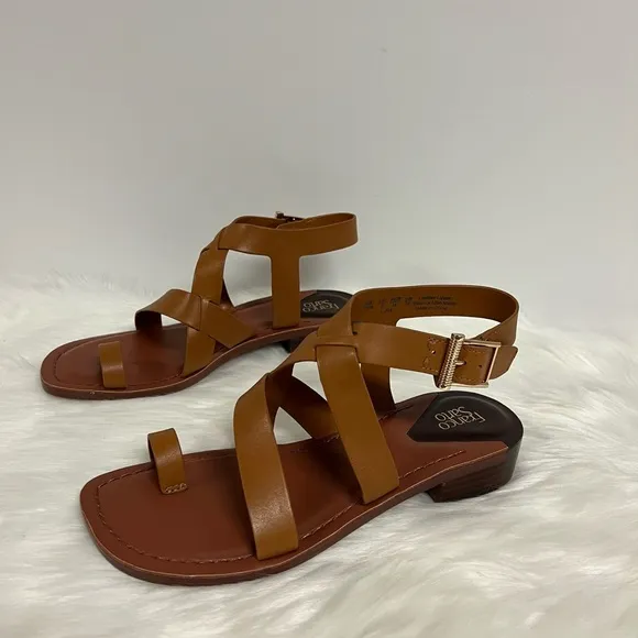Franco Sarto Ina Toe Loop Ankle Strap Stacked Heel Sandals In Tan Leather