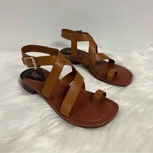 Franco Sarto Ina Toe Loop Ankle Strap Stacked Heel Sandals In Tan Leather