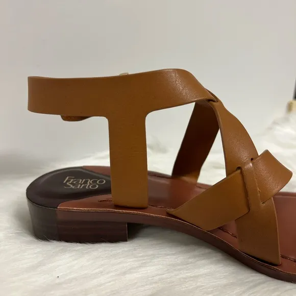 Franco Sarto Ina Toe Loop Ankle Strap Stacked Heel Sandals In Tan Leather