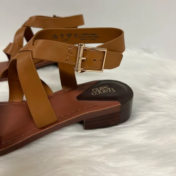 Franco Sarto Ina Toe Loop Ankle Strap Stacked Heel Sandals In Tan Leather