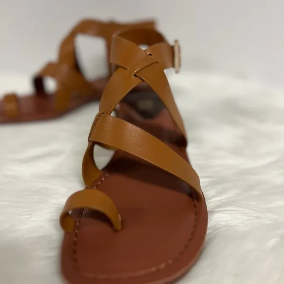 Franco Sarto Ina Toe Loop Ankle Strap Stacked Heel Sandals In Tan Leather