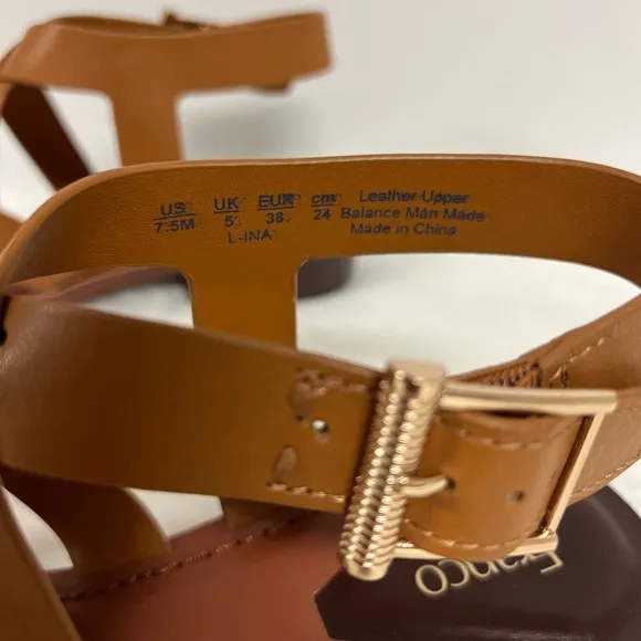 Franco Sarto Ina Toe Loop Ankle Strap Stacked Heel Sandals In Tan Leather