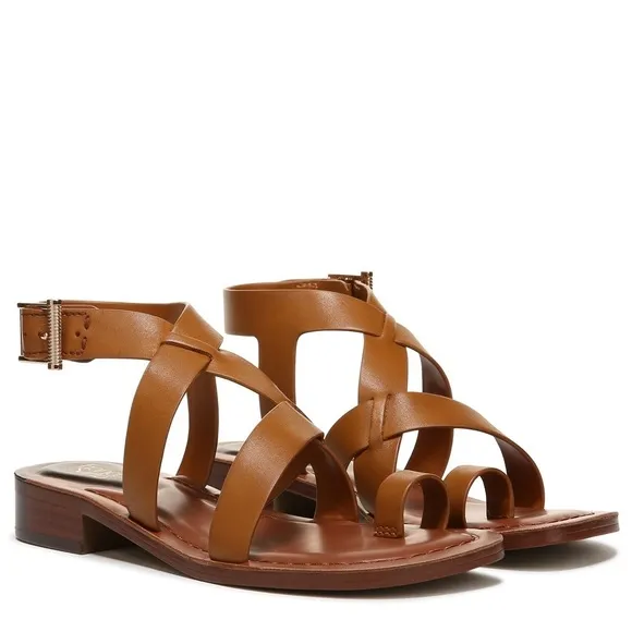 Franco Sarto Ina Toe Loop Ankle Strap Stacked Heel Sandals In Tan Leather