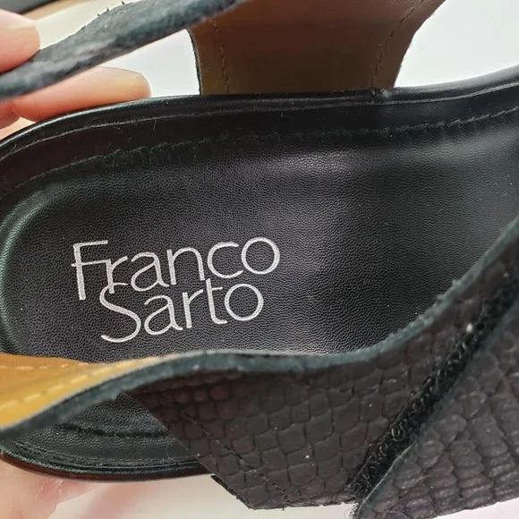 Franco Sarto India Womens Size 9.5 Black Snake Leather Platform Wedge Sandals