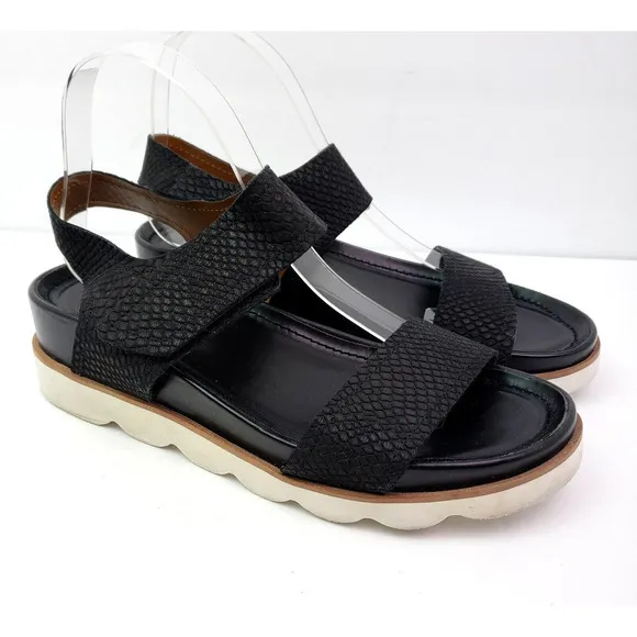Franco Sarto India Womens Size 9.5 Black Snake Leather Platform Wedge Sandals