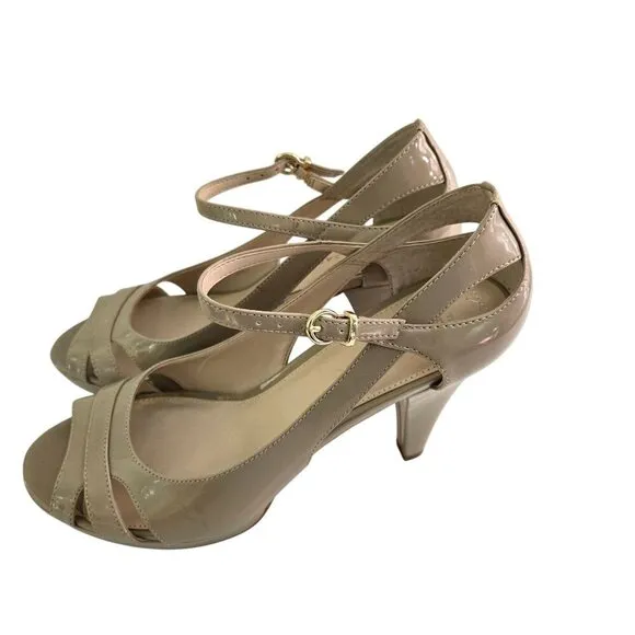 Franco Sarto Spiro Peep Toe Heeled Faux Leather Beige Neutral Sandals Size 9