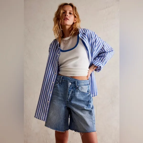Free People Boomerang Long Denim Shorts
