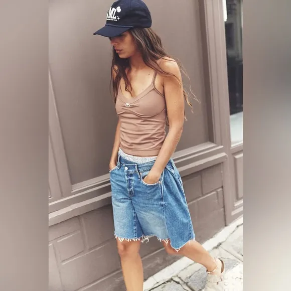 Free People Boomerang Long Denim Shorts