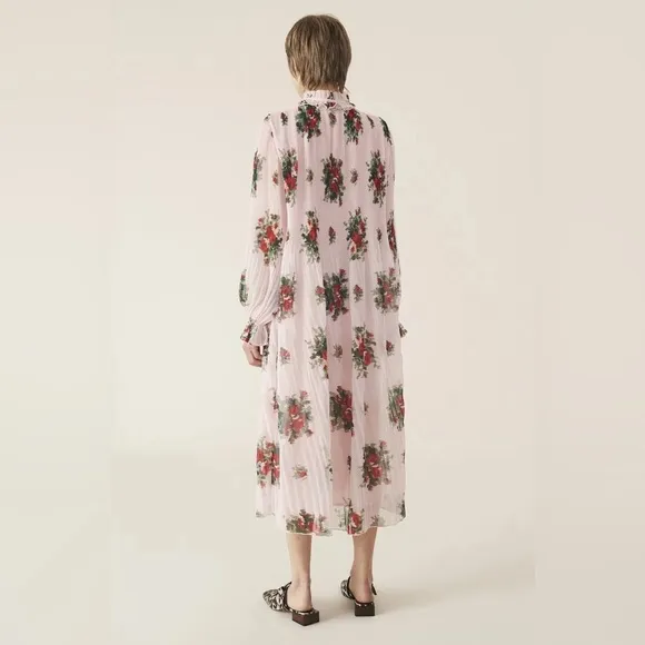 GANNI Pleated Georgette Midi Dress in Cherry Blossom
