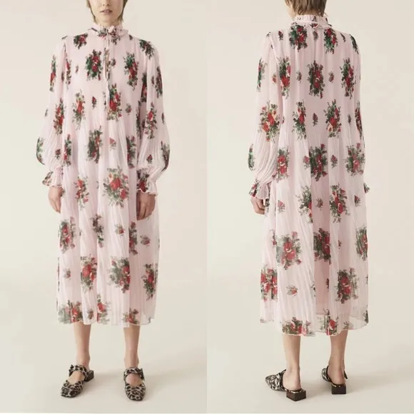 GANNI Pleated Georgette Midi Dress in Cherry Blossom