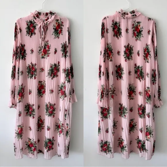 GANNI Pleated Georgette Midi Dress in Cherry Blossom