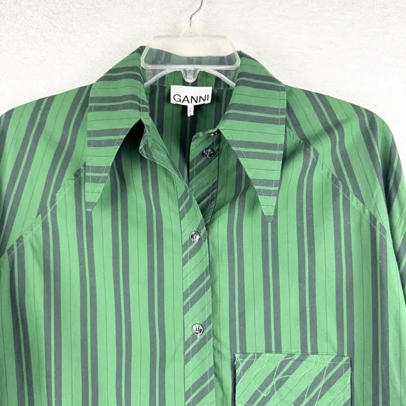 Ganni Striped Organic Cotton-Poplin Oversized Shirt Dress In Dark Green Size M/L