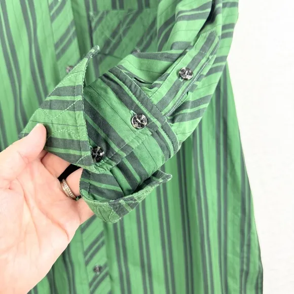 Ganni Striped Organic Cotton-Poplin Oversized Shirt Dress In Dark Green Size M/L
