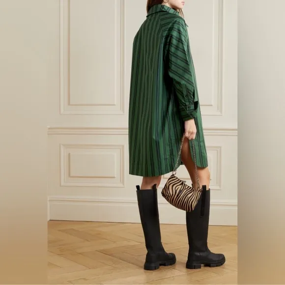 Ganni Striped Organic Cotton-Poplin Oversized Shirt Dress In Dark Green Size M/L
