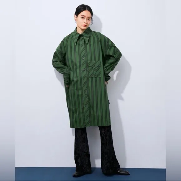 Ganni Striped Organic Cotton-Poplin Oversized Shirt Dress In Dark Green Size M/L
