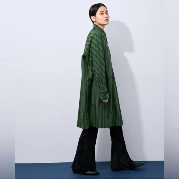 Ganni Striped Organic Cotton-Poplin Oversized Shirt Dress In Dark Green Size M/L