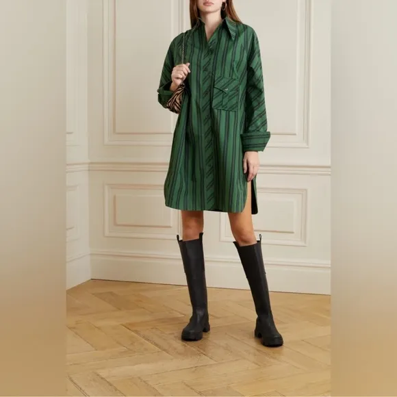 Ganni Striped Organic Cotton-Poplin Oversized Shirt Dress In Dark Green Size M/L