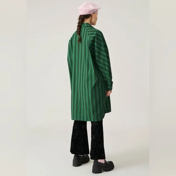 Ganni Striped Organic Cotton-Poplin Oversized Shirt Dress In Dark Green Size M/L