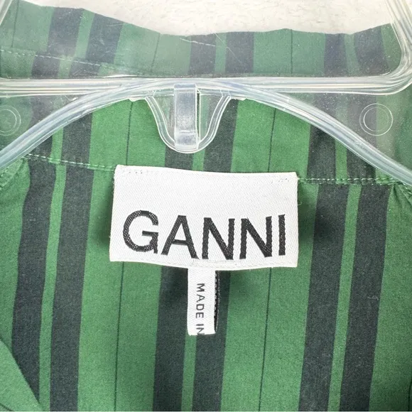 Ganni Striped Organic Cotton-Poplin Oversized Shirt Dress In Dark Green Size M/L
