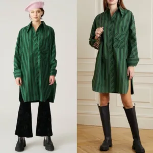 Ganni Striped Organic Cotton-Poplin Oversized Shirt Dress In Dark Green Size M/L