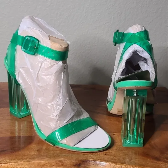 Gianni Bini Liyra Green Clear Jelly Ankle Strap Block Heel Sandals
