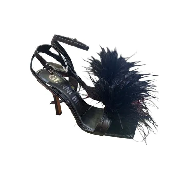 Gianni Bini Neela Feather Heels Black Size 9 Square Toe Strappy Dress Sandals