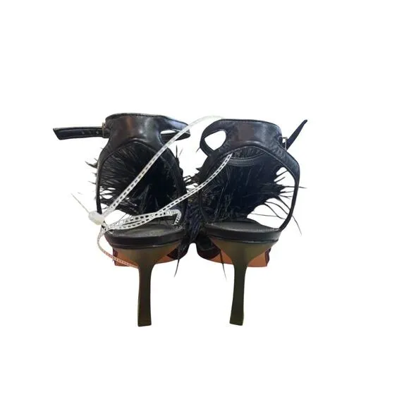 Gianni Bini Neela Feather Heels Black Size 9 Square Toe Strappy Dress Sandals
