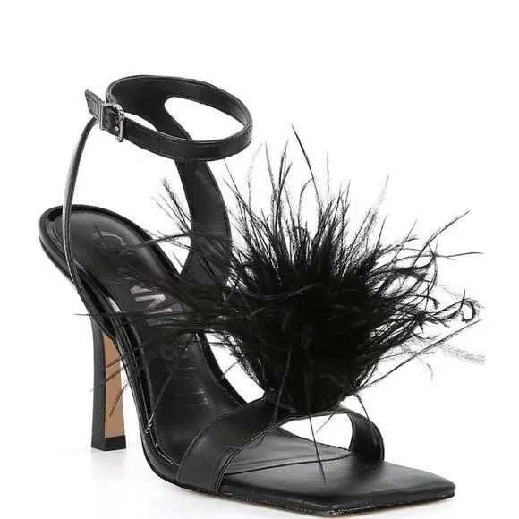 Gianni Bini Neela Feather Heels Black Size 9 Square Toe Strappy Dress Sandals