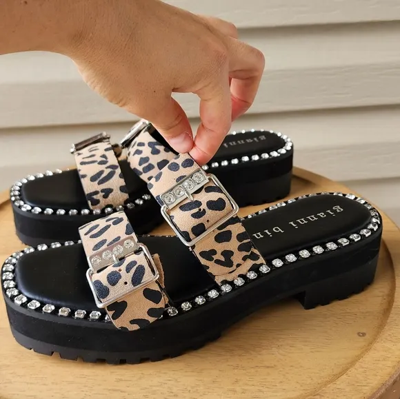 Gianni Bini Rawlins animal print embellished  buckle lug sandals