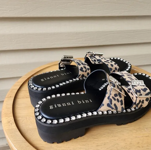 Gianni Bini Rawlins animal print embellished  buckle lug sandals