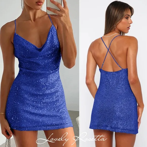 Glamorous Blue Cowl Neck Sequin Statement Dress