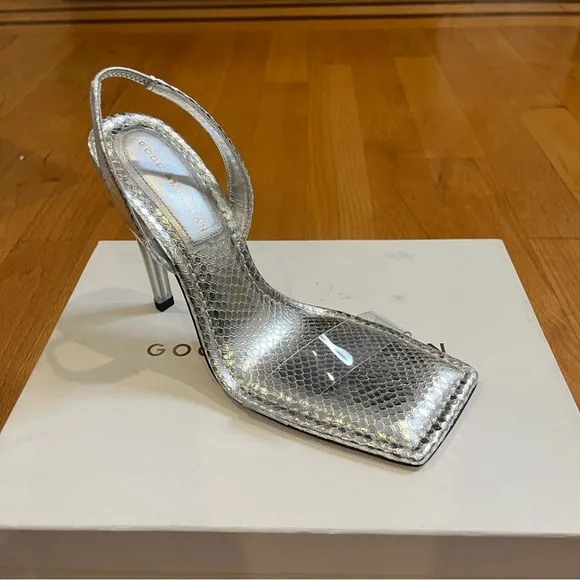 Good American Lucite Sandals Snake Skin Silver Clear Band Size 10 NIB