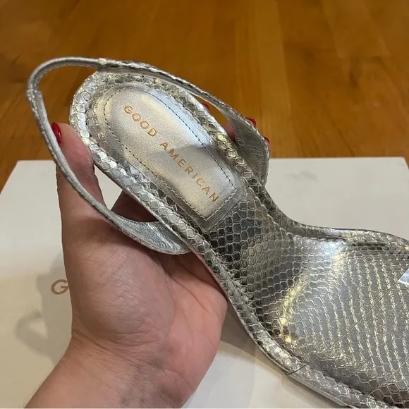 Good American Lucite Sandals Snake Skin Silver Clear Band Size 10 NIB