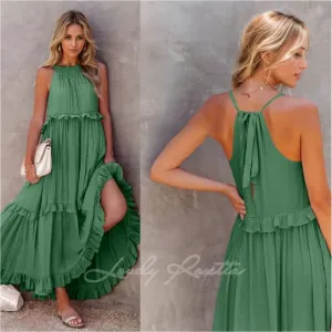 Green Ruffled Sleeveless Tiered Maxi Dress with Pockets