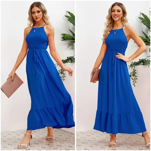 Green Smocked Crisscross Spaghetti Strap Dress